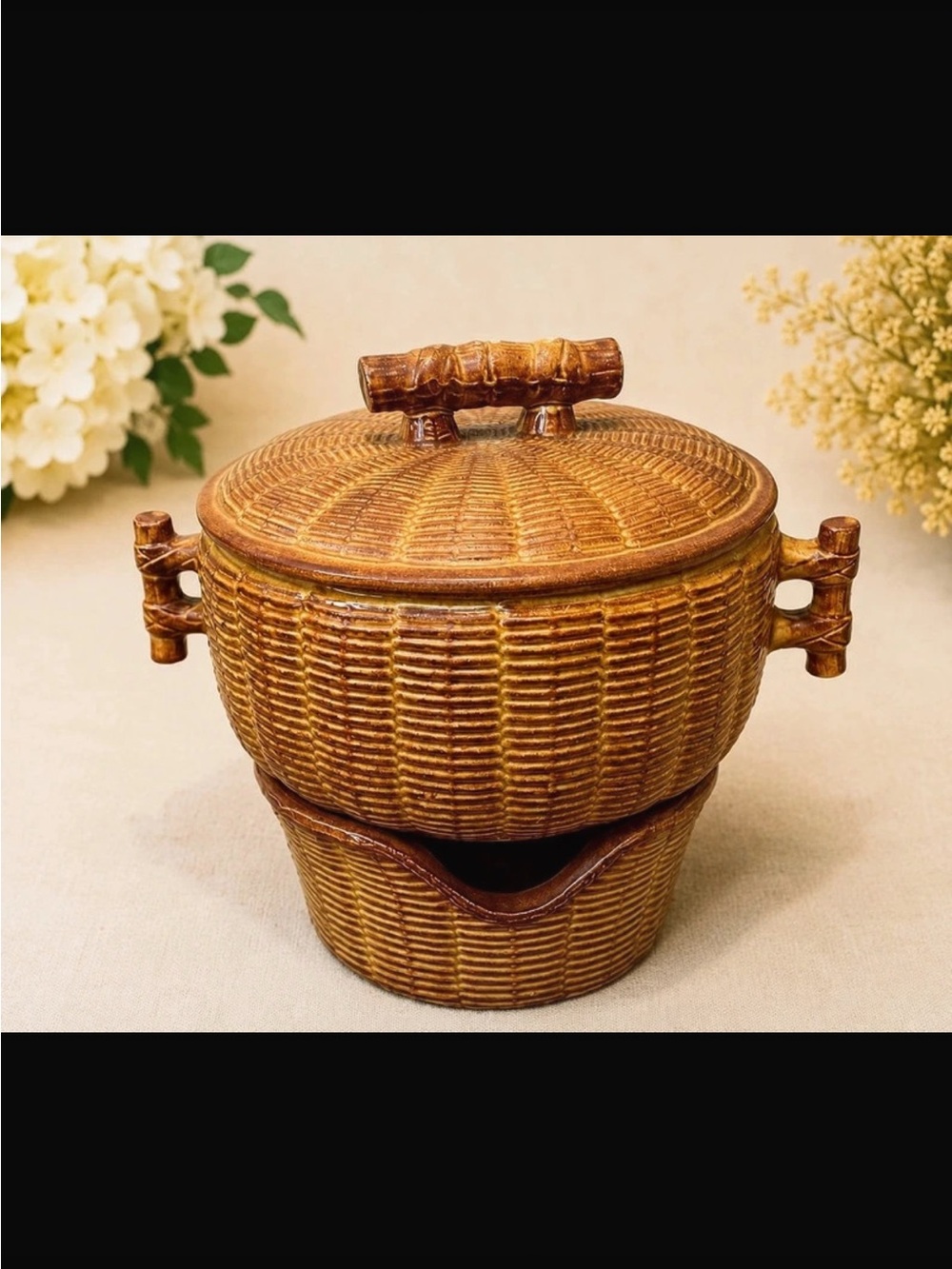 Hull Pottery Woven-Texture Ceramic Covered Server in Brown